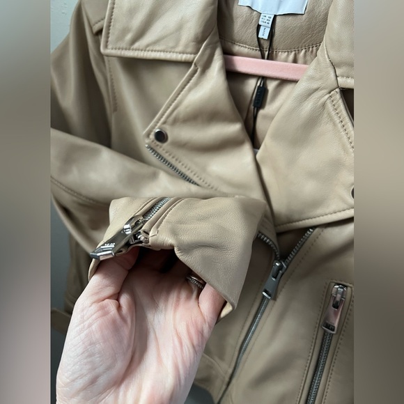 New REISS Tyler Leather Biker Jacket in Neutral Size 6 - Picture 8 of 11